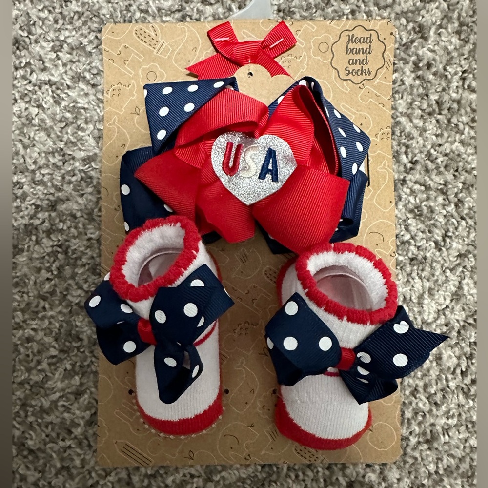 Baby Essentials USA Socks and Headband Set - July 4th - America - NEW